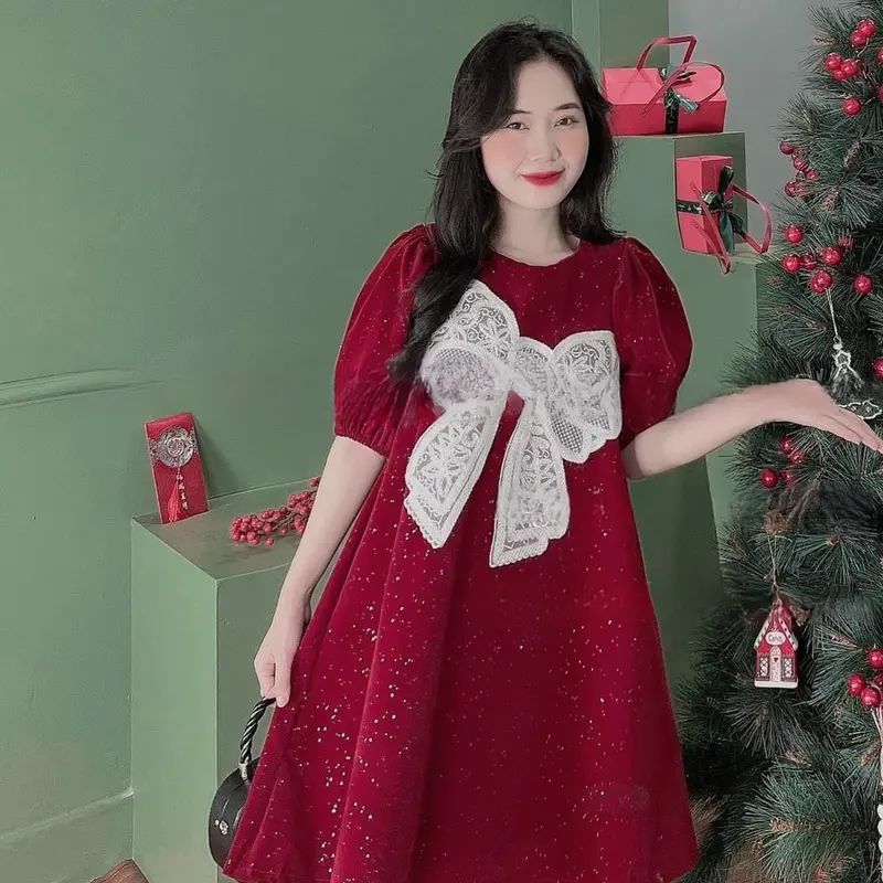 Váy đầm dáng xòe babydoll chất nhung kim tuyến phối bản nơ to cực xinh xắn váy  tiệc 4
