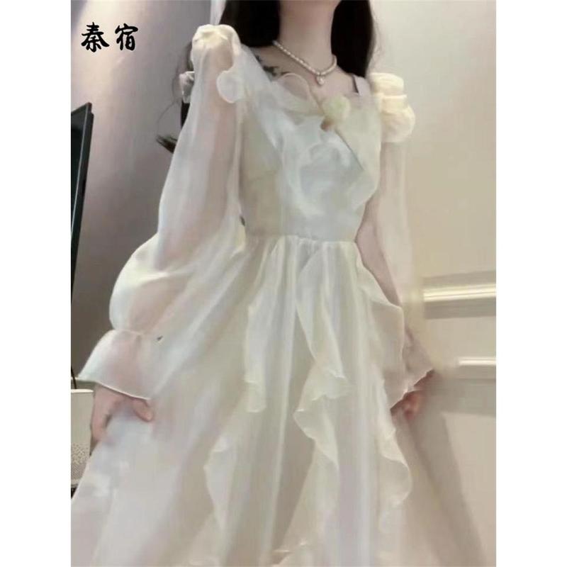 Váy Fufu Sữa, Qin Su, Phong Cách Công Chúa INS, Nơ Ngọt Ngào, Eo Thanh Lịch, Bó Sát, Phồng, Váy Dài Tay, Thời Trang, Dễ Phối Đồ Thanh Lịch 1
