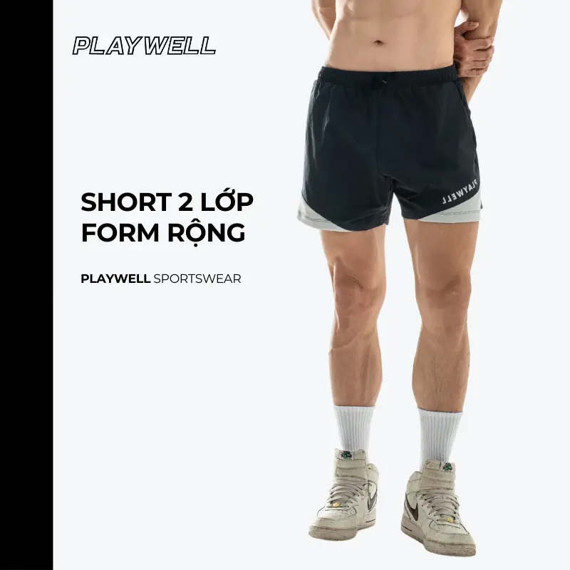 Quần short thể thao Sport  nam họa tiết phối đặc sắc, form rộng giúp vận động thoải mái Playwell 10235 0