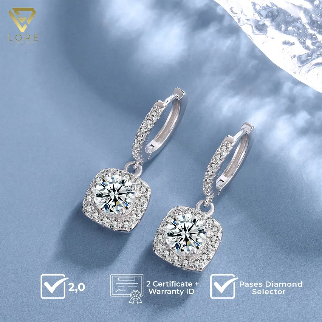 Anting Moissanite Lapis Emas Putih 18K - Square Shaped Moissanite Earrings 1.12 CT - Lore Jewellery