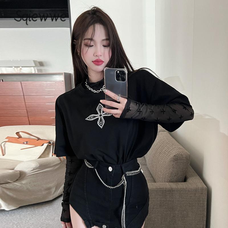 SS24 Women Crop Cover-Up Tops Cross Print Sheer Long Sleeve Shirt Casual Pullovers for Club Streetwear Aesthetic Clothes 5