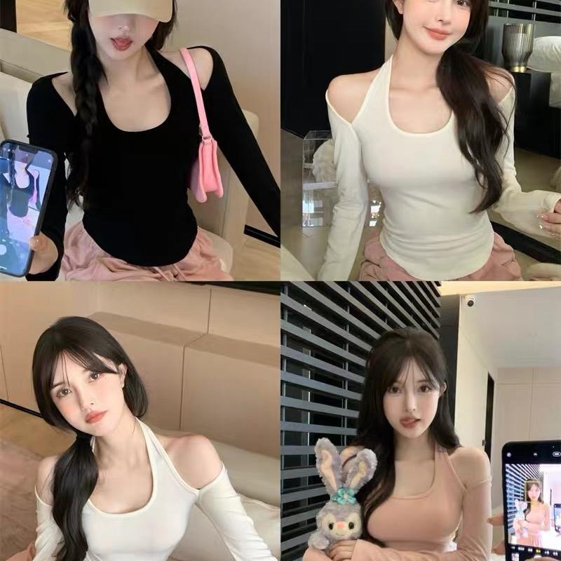 Áo kiểu thun nữ croptop tà bầu tay dài phối dây đeo cổ cute xinh xắn