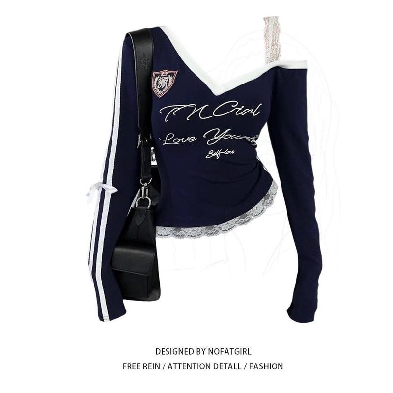 Áo Thun Ngoại Cỡ Phong Cách Preppy Mỹ, Màu Tương Phản, Cổ Chữ V, Thiết Kế Giả Hai Lớp, Tay Áo Dài, Eo Co Giãn, Chi Tiết Ren Ghép Ngắn, Thích Hợp Cho Bé Gái Top Women 0