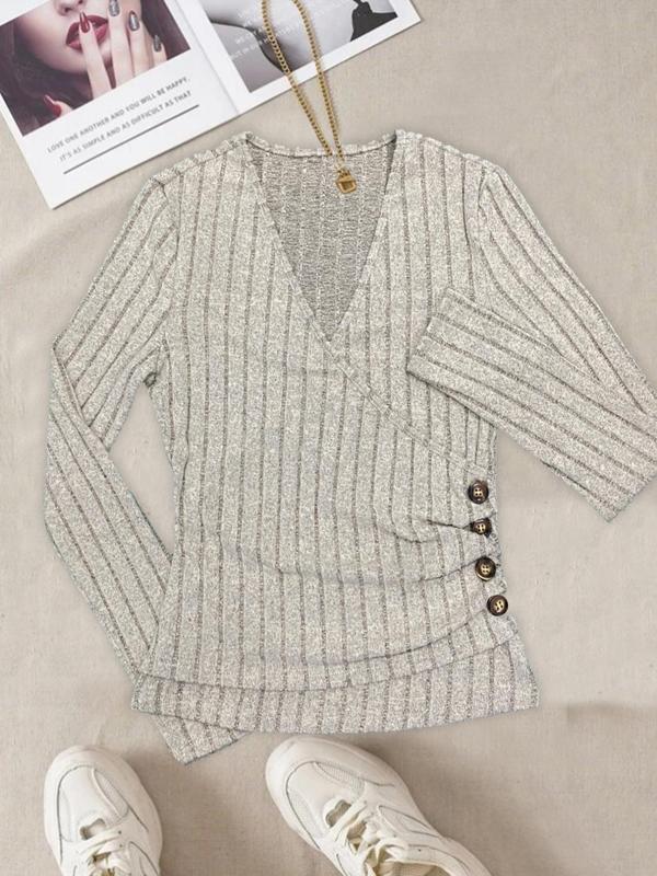 Women's Plain Textured Fake Buttons Wrapped Ruched V Neck Tee Without Necklace, Elegant Casual Long Sleeve T-Shirt, Ladies Fall & Winter Top 2