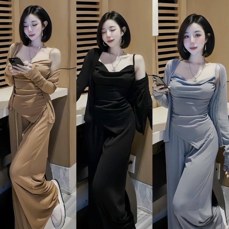 Set bộ nữ tăm lạnh 3 món áo trong 2 dây [có mút ngực] kèm khoác ngoài dài tay mix quần dài ống rộng sang chảnh dành cho các nàng diện di chơi.  Women