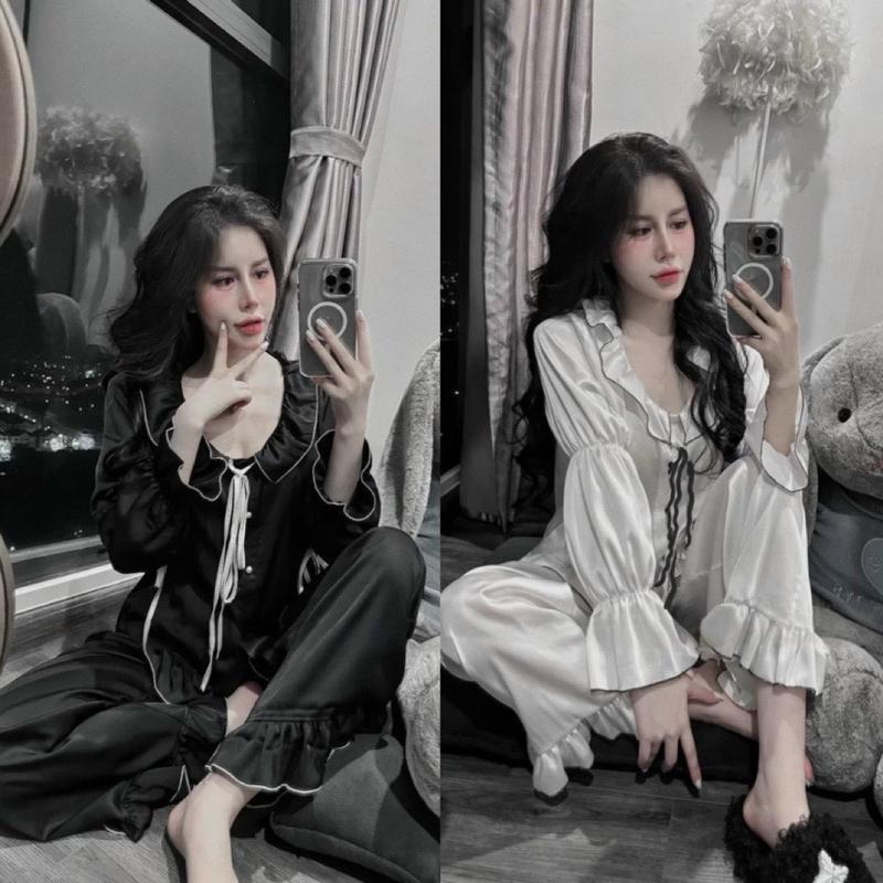 Đồ bộ mặc nhà tiểu thư lụa latin chạy viền cột nơ Nữ Áo Nữ Áo Women Trắng Nhung Top