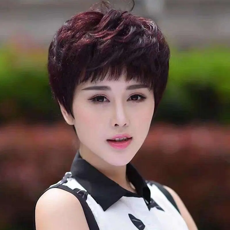 Wig Women's Full Head Realistic Middle-Aged and Elderly Women's Short Hair Breathable Fluffy Short Curly Hair Fashion Full Top Wig Sheath