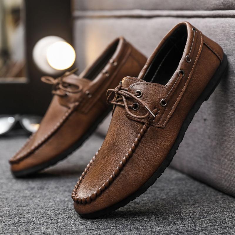 Round Toe Shoes Casual Men's Slip-on Leather Shoe Flat Lightweight Breathable Dress Shoes 2024 New 4
