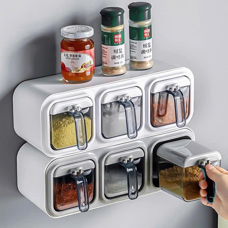 Hộp Đựng Gia Vị Treo Tường Không Cần Khoan, Hũ đựng gia vị nhà bếp 3 ngăn chống ấm ướt, chống nước  dán tường tiện dụng