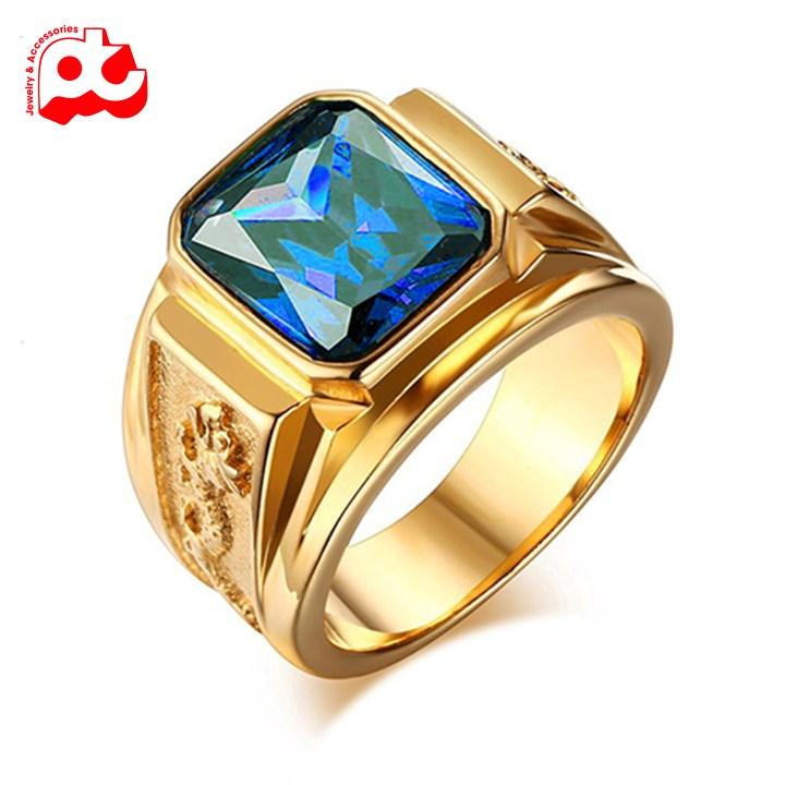 Nhẫn nam titan cao cấp thời trang kiểu chạm rồng 2 bên trangsucpt đá xanh dương nhẫn màu mạ vàng thép không gỉ PTNNA252 Cao Su Voi Pin
