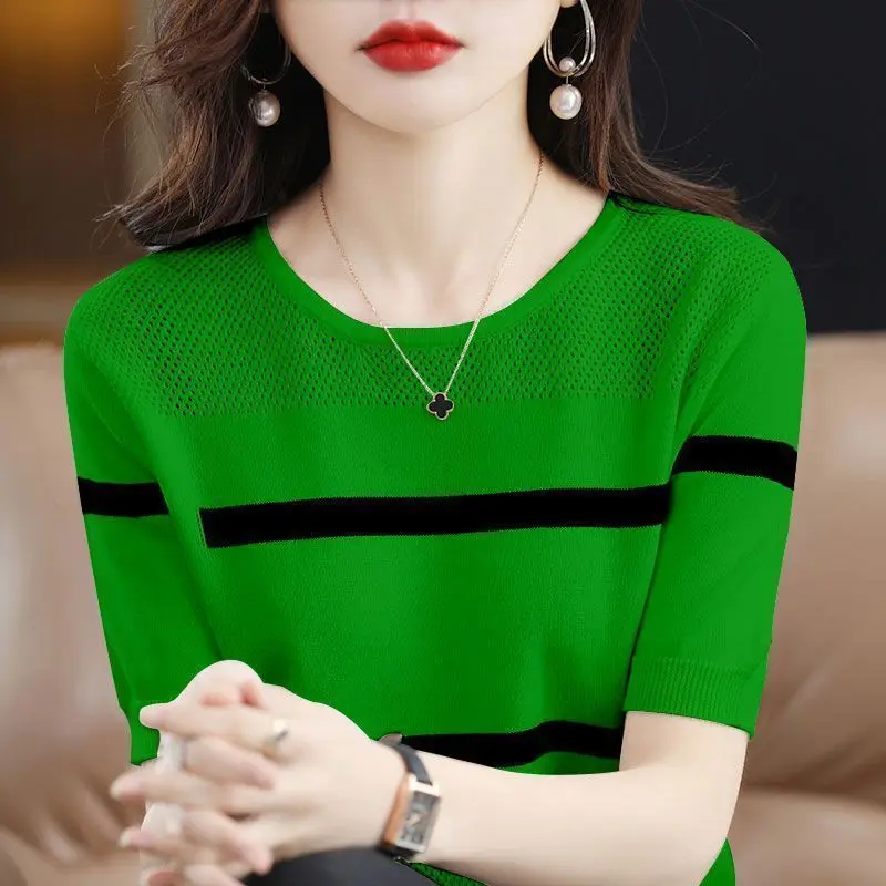 Áo Thun Dệt Kim Ngắn Tay, Phong Cách Hàn Quốc, Cổ Tròn, Màu Tương Phản, Dành Cho Nữ, Hàng Mới Về Mùa Hè 2024, Dáng Rộng Rãi Và Mỏng, Thiết Kế Khối Màu Sọc, Mặc Trong