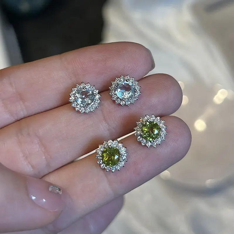 Summer Fresh High Imitation Olivine Topaz Sterling Silver Needle Dopamine Stud Earrings Special-Interest Design High Sense Earrings Gift