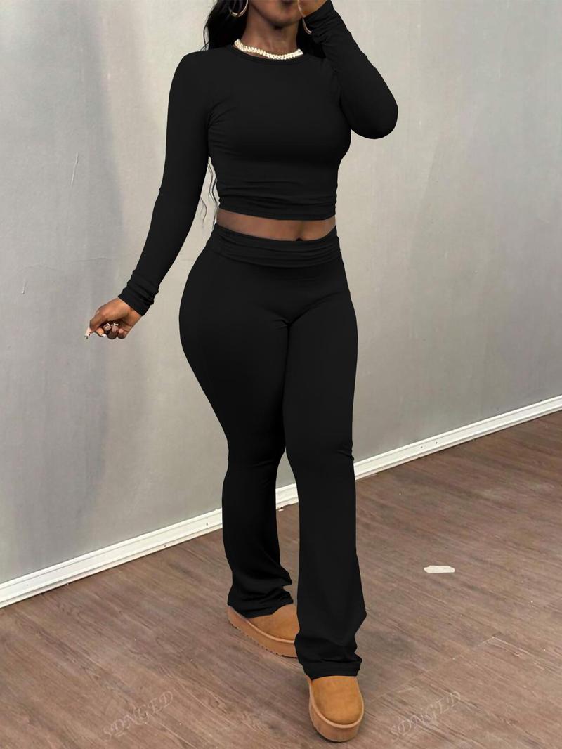 Product Introduction of Women's Solid Color Ruched Tee & Flare Leg Pants Set, Casual Long Sleeve Round Neck Top & Bell Bottom Trousers Two Piece Set for Fall & Winter, Women's Clothes for Daily Wear， Rave 2 Piece Set 6