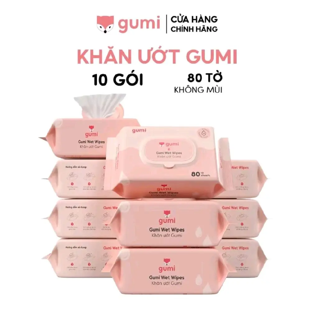 (NEW)Thùng 10 gói khăn ướt Gumi 80 TỜ không cồn, không parabens cao cấp dành cho bé Voi