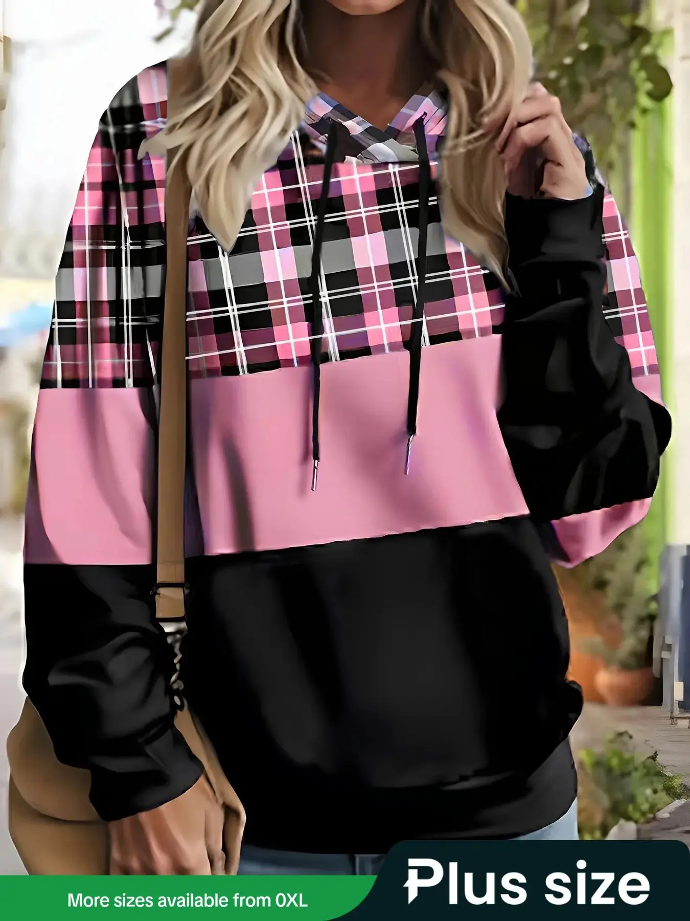 【Plus Size】 Plaid Print Drawstring Hoodie, Casual Drop Shoulder Long Sleeve Hooded Sweatshirt, Women's Spring & Fall Clothes for Daily Wear