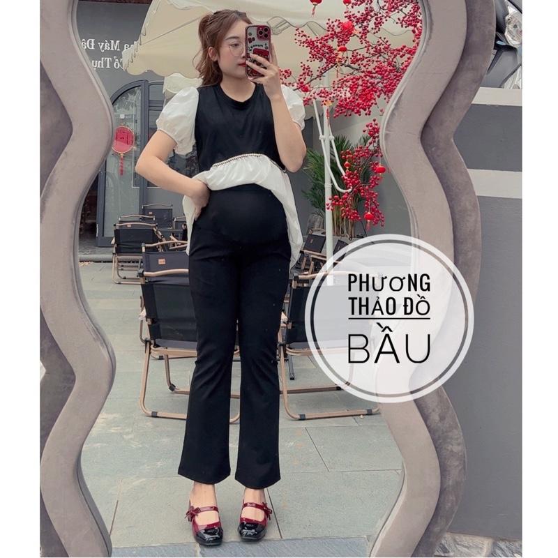 Quần loe bầu trơn chất umi hàn co giãn thoải mái,có đáp bụng và chun điều chỉnh