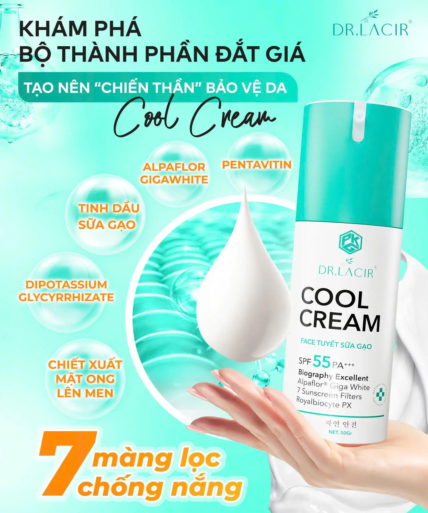 KEM CHỐNG NẮNG COOL CREAM với 7 màng lọc chống nắng bảo vệ da
