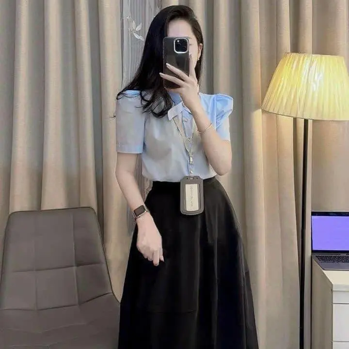Set váy sơ mi xanh tay ngắn 2 món ( set gồm áo + váy )