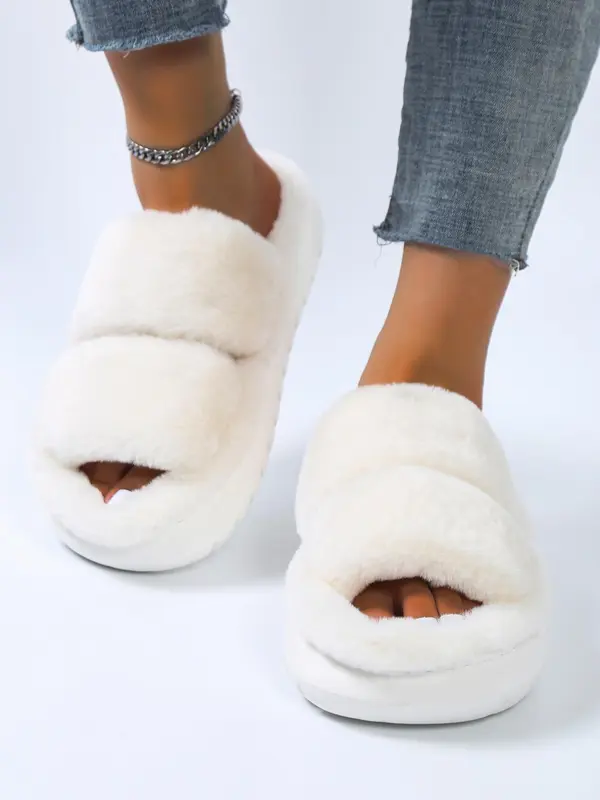 Women's Simple Plain Color Plush Slippers for Women, 1 Pair Casual Comfortable Home Slippers for Fall & Winter, Fluffy Winter House Shoes for Indoor and Outdoor 1