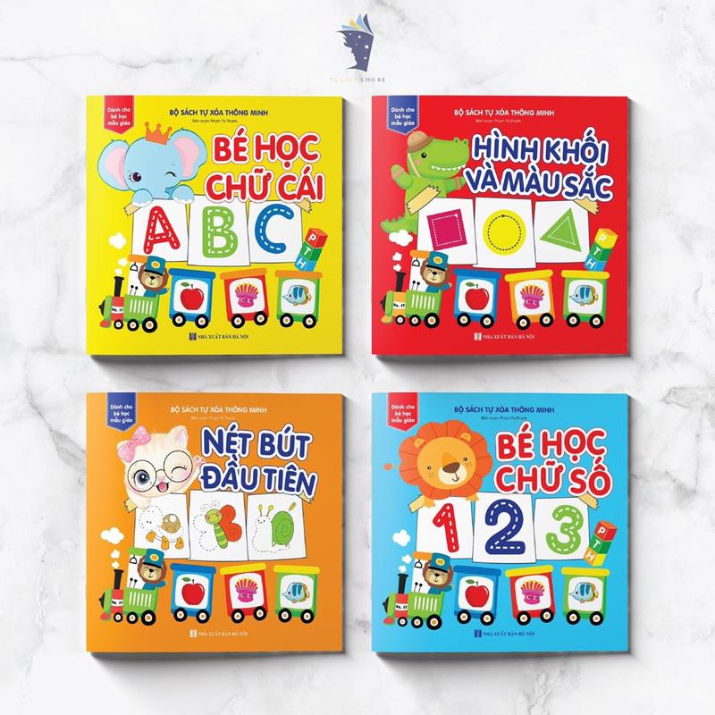 Bộ 4 cuốn sách Tự xoá cho bé Tập viết - Học Chữ cái và Số - Hình khối và màu sắc Tặng kèm bút dạ - 72 trang