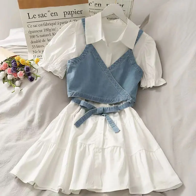 Váy Cổ Polo Phong Cách Hàn Quốc, Tay Phồng, Với Dây Đeo Nơ, Váy Sơ Mi Hai Dây Denim, Bộ Hai Mảnh, 2024 Ins