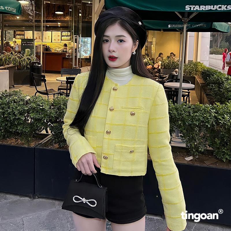 TINGOAN - Áo khoác tweed nhung cổ tròn đính cúc kim loại ánh vàng SUGAR CUPCAKE JACKET/YL 1