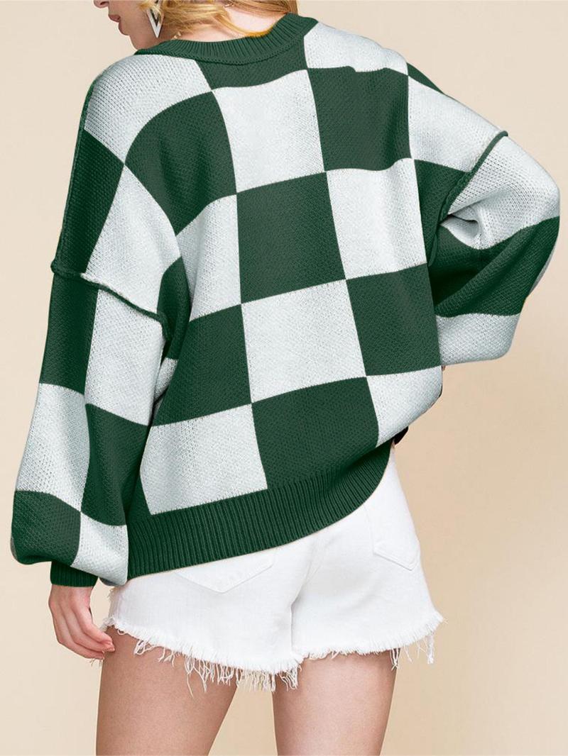 Product Introduction of Women's Plaid Print Drop Shoulder Sweater, Casual Long Sleeve Round Neck Jumper for Fall & Winter, Fashion Ladies' Knitwear for Daily Wear, Going Out Tops 17