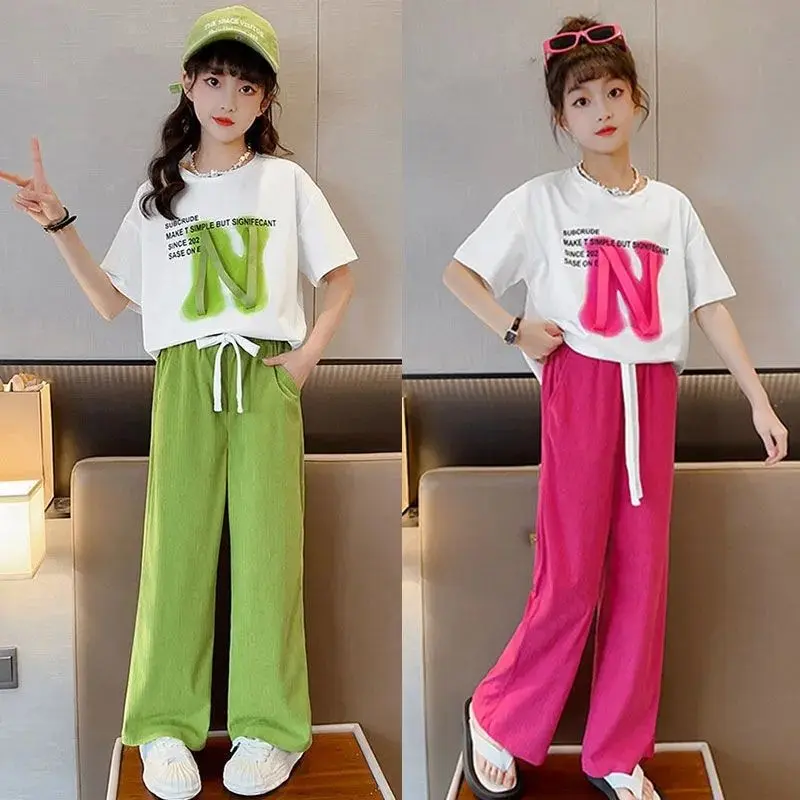 Bộ Đồ Mùa Hè Cho Bé Gái, Thời Trang Trẻ Em Mới, ngắn Tay, Cỡ Trung Bình Và Lớn, Bộ Đồ Hai Mảnh, Phong Cách Thường Ngày Quần Ống Rộng, Bán Chạy Trên Internet, Thời Trang 2