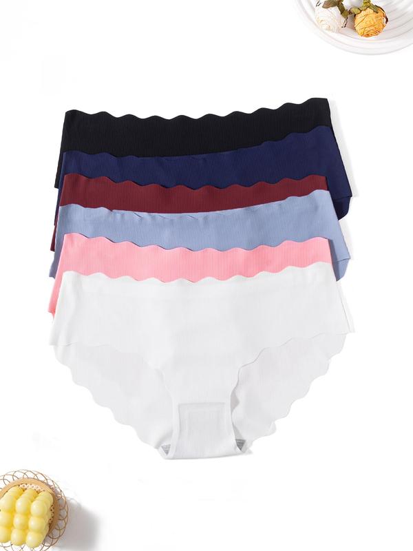 Women's 6pcs Minimalist Solid Scallop Trim Panty, Lady Basic Soft Comfort Seamless Knickers for Daily Wear All Seasons, Womenswear Underwear 8