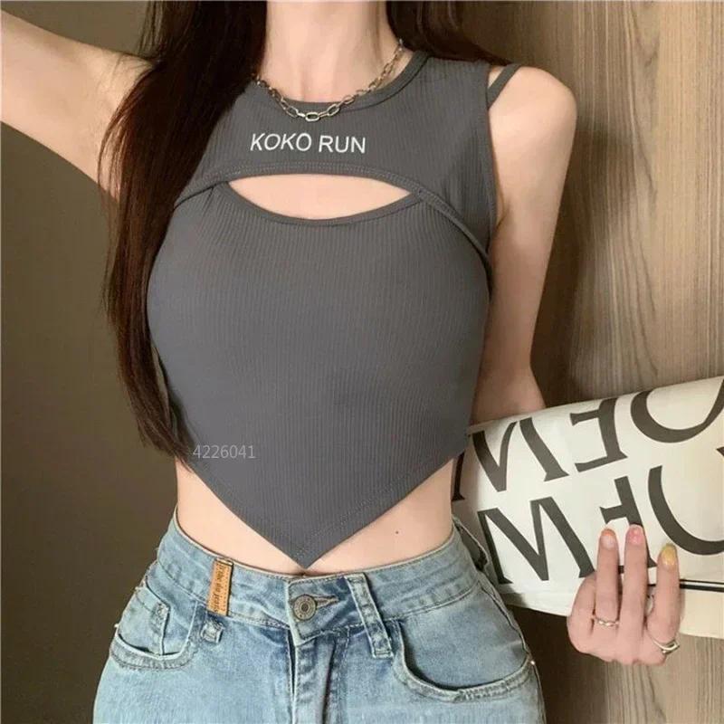 1pc Casual Crop Tops for Women Knitting Irregular Tops Hollow Out Camisole Women Fake Two Pieces Tank Tops with Bra Pad Womenswear Tube Lingerie Lady 5