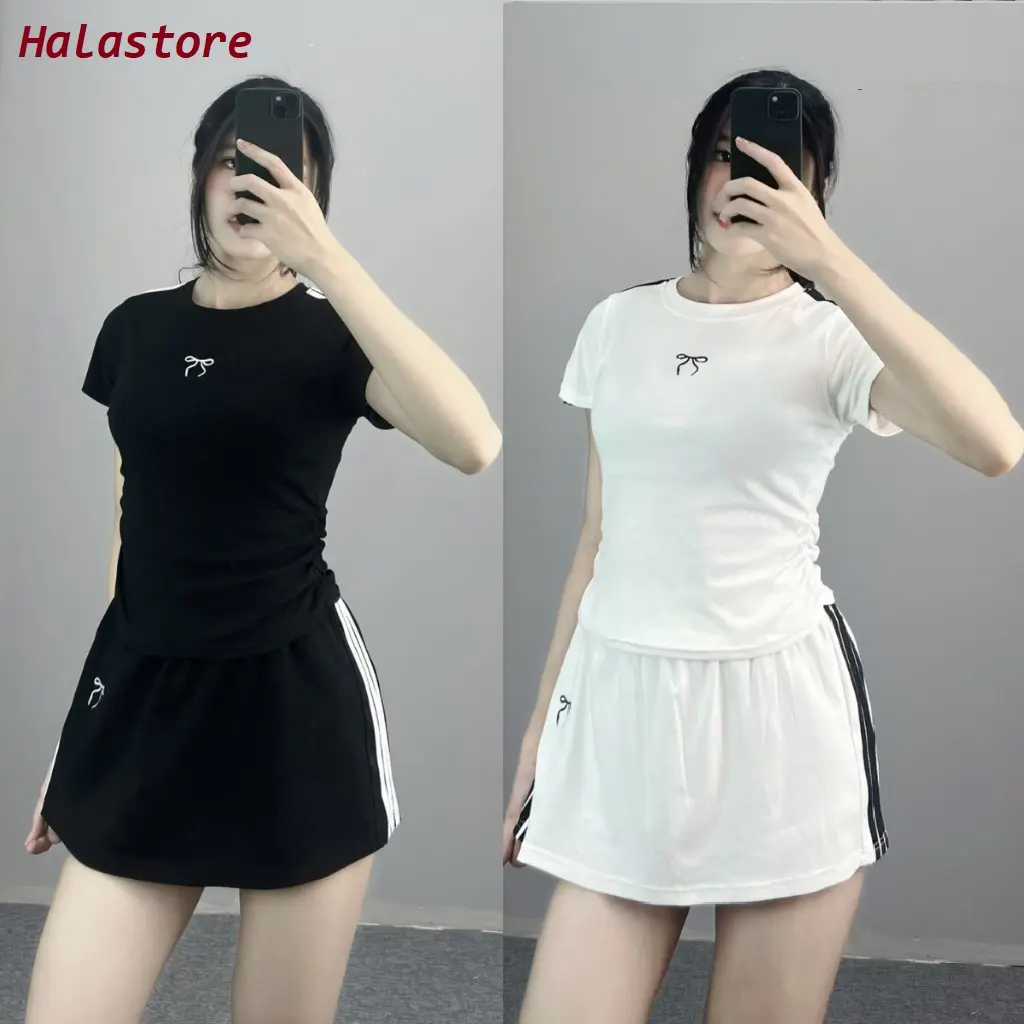Bộ Nữ Mùa Hè Sang Chảnh Thêu Nơ Sọc Thun Cotton Dúm Eo Chân Váy A Có Lót Trong BigSize, Set Hè Nữ Sang Chảnh BigSize 297T