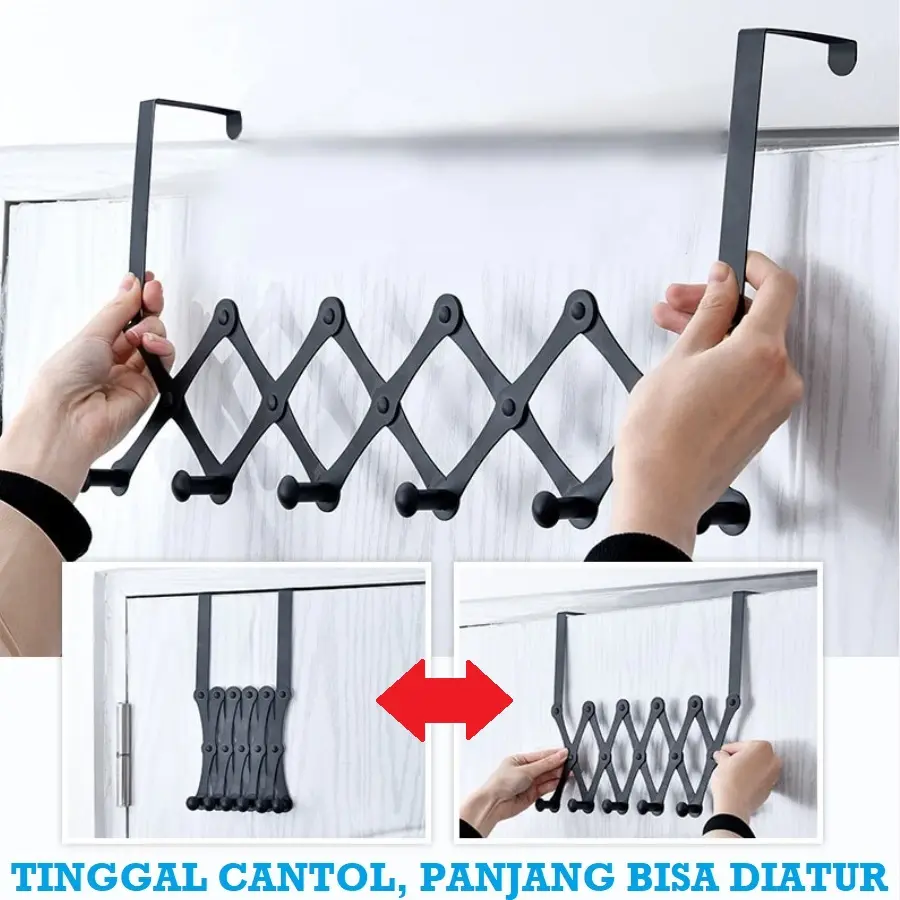 12 cm - 53 cm Gantungan Besi Tinggal Cantol Di Balik Pintu  Tanpa Bor Tanpa Paku 6 Hook Extendable Back Door Hanger Baju