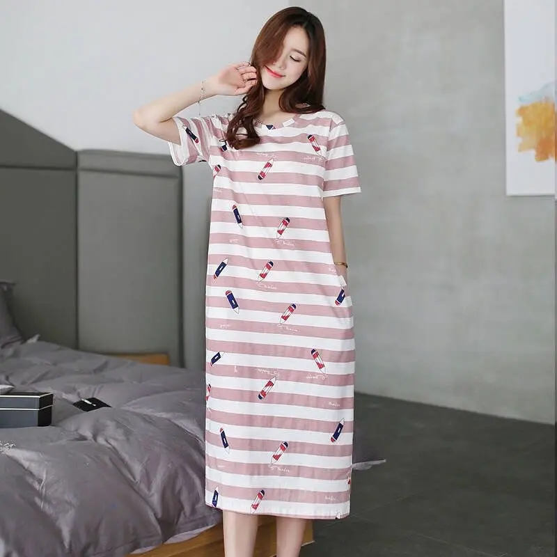 WECOVE Summer Korean Style Pajamas Nightgown Short Sleeve Women's Long Dress Home Wear Set Cute Plus Size Loungewear Nightwear Womenswear Lingerie Homewear Pjs