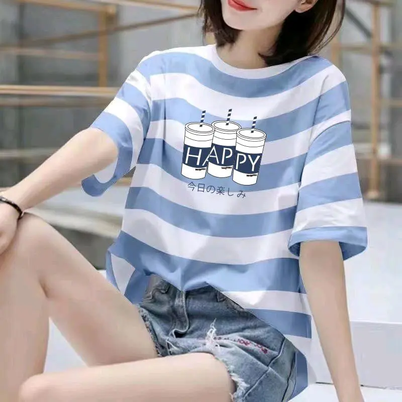 Áo phông cổ tròn Kẻ sọc dể thương T38-T37 Top Nữ Nữ Top Women Women