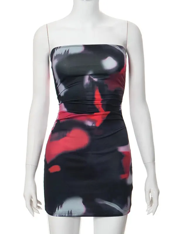 Women's Tie Dye Print Ruched Tube Dress, Fashionable Sundress, Sleeveless Strapless Bodycon Mini Dress for Daily Outdoor Club Wear, Ladies Dress for Spring, Chic Style Outfit, Womenswear 3