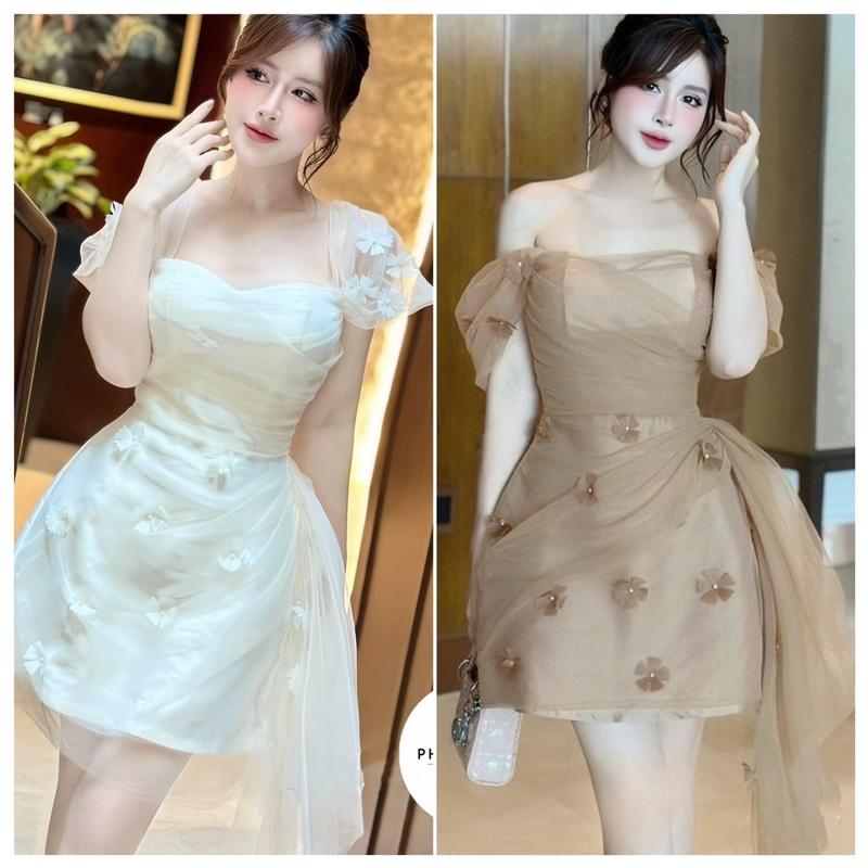 Phuongbabi váy thiết kế ren lưới đính hoa ngọc trai che bụng mặc được trễ vai Nữ đi tiệc siêu sang M102