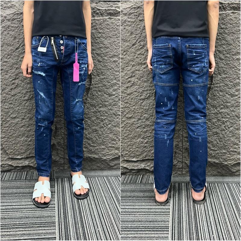 Quần jeans xanh đậm xước rách khoá lệch bo gân Hót New 0