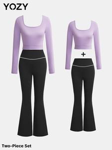 YOZY-GOOO Women's Plain Crop Tee & Flare Leg Leggings Set, Ladies Clothes for All Seasons