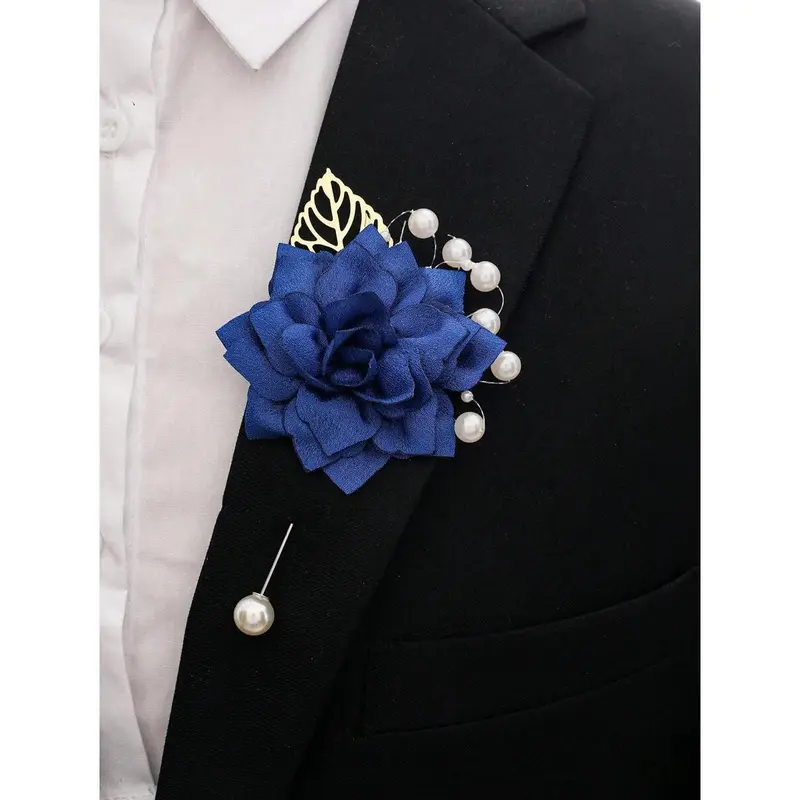 1pc Chest Flower + 1pc Wrist Flower Unisex Set, Navy Blue Camellia With Gold Leaves & Beads Decor, Groom Groomsmen Boutonniere, Bridesmaid Corsage, For Wedding 1