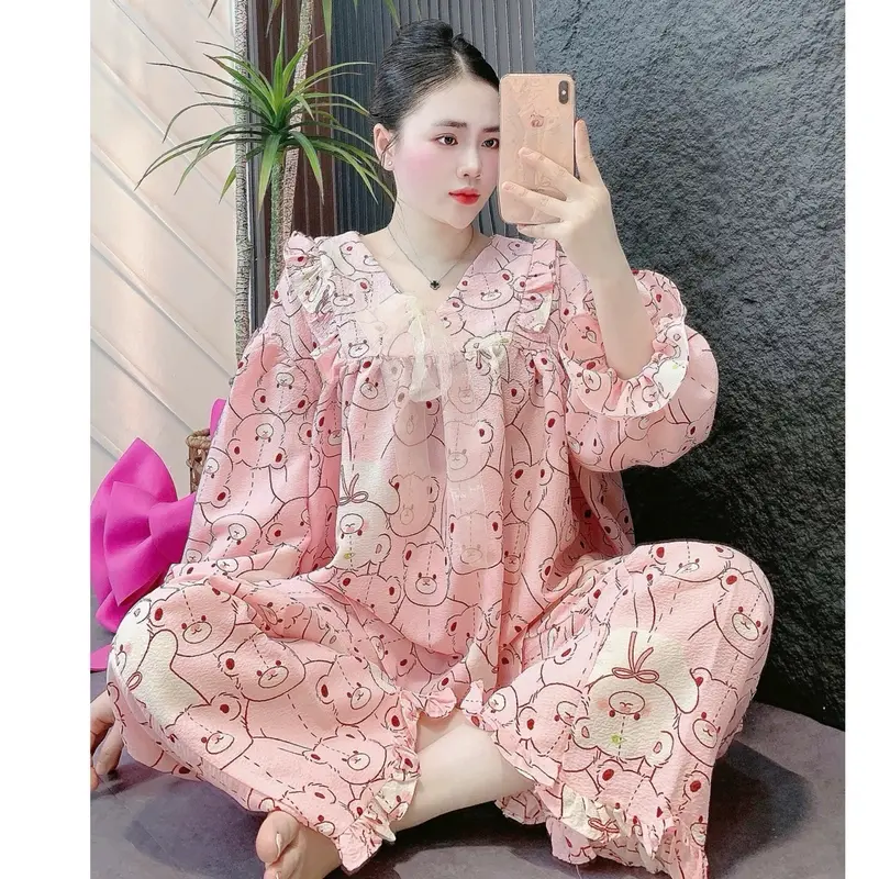 Set Bộ áo quần dài BaByDoll Đũi Xốp In hoạ tiết dễ thương . Nữ 5