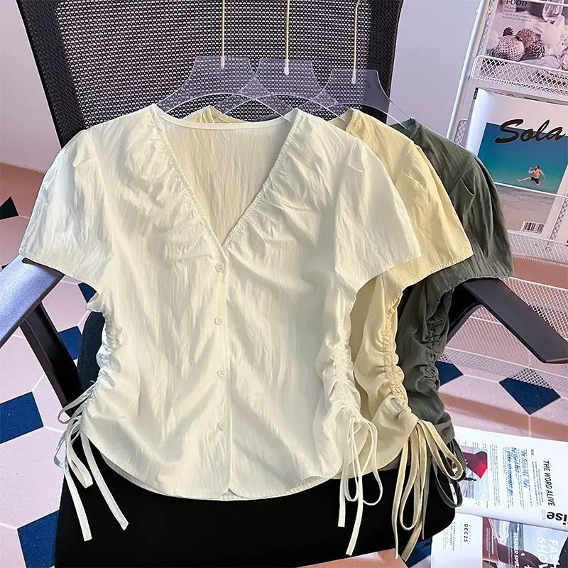 Áo Thun ngắn Tay Cổ Chữ V, Ngoại Cỡ, Một Hàng Cúc, Dây Rút, Dành Cho Nữ, Hàng Mới Về Mùa Hè 2024, Thời Trang Buộc Dây, Áo Ngắn Tay