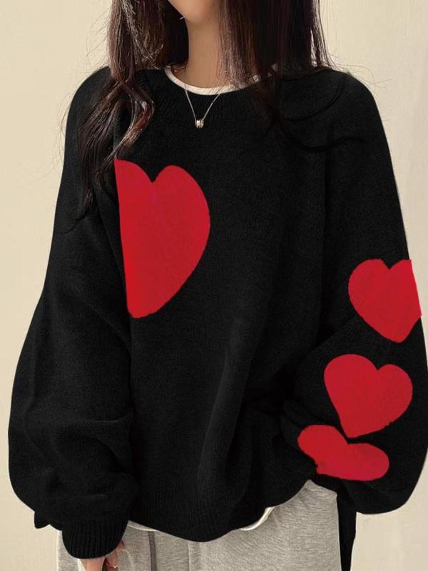 【Plus Size】 Colorblock Heart Pattern Crew Neck Sweater, Casual Chic Long Sleeve Pullover Jumper for Daily Outdoor Wear, Women Plus Clothing for Fall & Winter 2