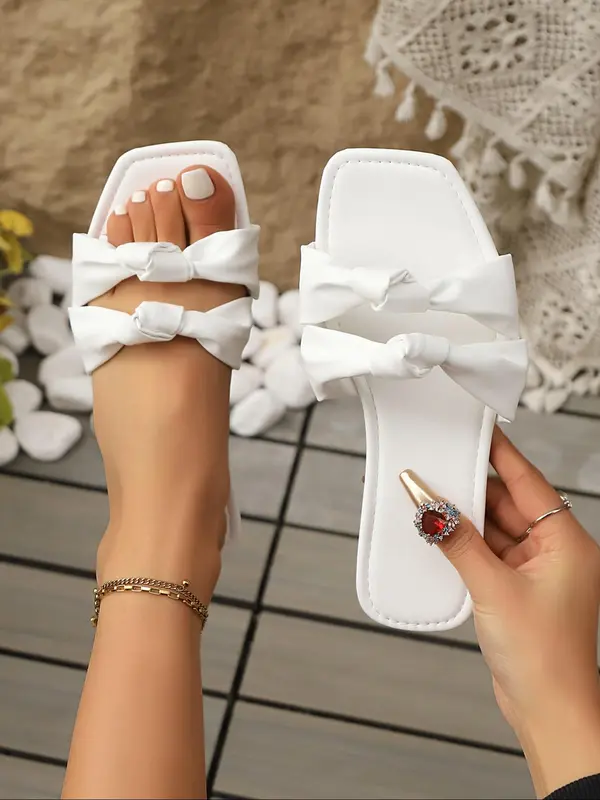 Women's Minimalist Solid Color Bowknot Design Slides, Casual Comfortable Flat Sandals for Summer, All-match Barefoot Shoes for Daily Wear, Girl 0