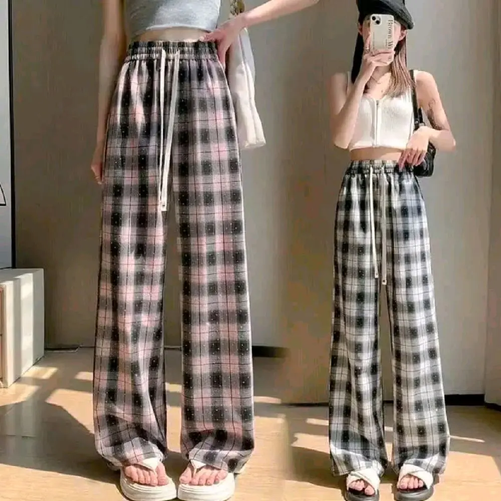 Quần Suông Kẻ Đính Đá Chất Lụa Hàn Mềm Mịn Hottrend - Mẫu Mới 2025  Women