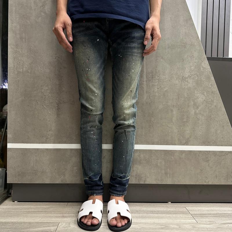 Quần jean purple xanh vẩy sơn trơn không rách đi học cotton 4 cúc ôm gọn Nam