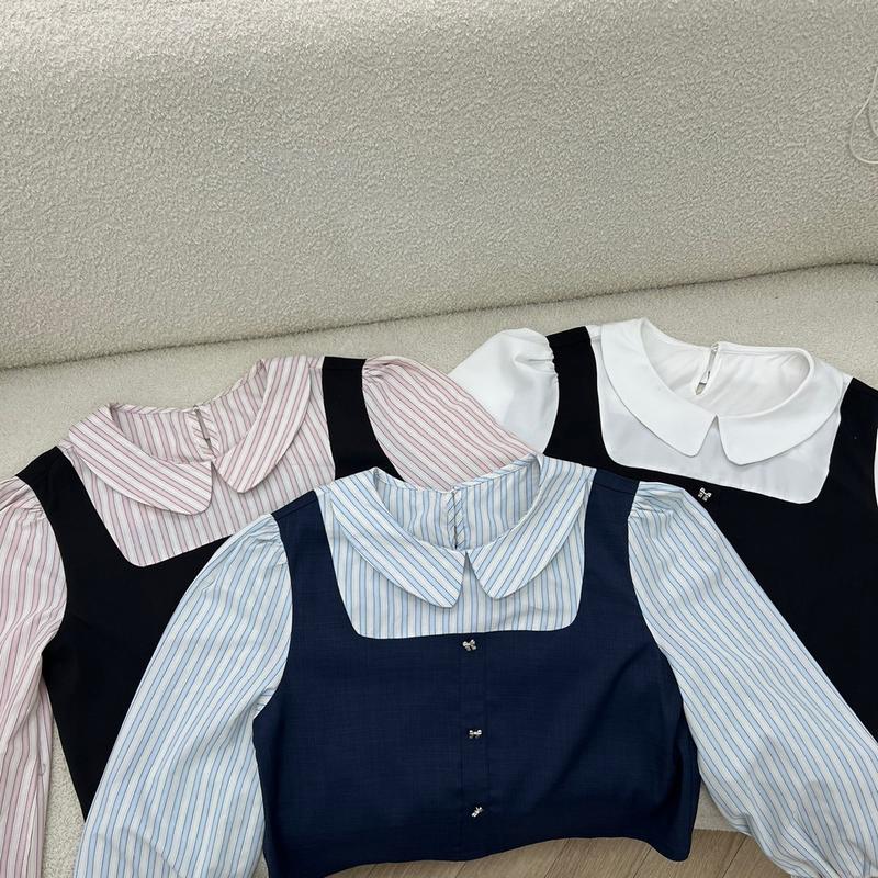 | Kèm ruy băng | Áo sơ mi nữ dáng croptop phối tay kẻ sọc chất xước mềm cotton 03 màu (Sơ mi Giao) 6