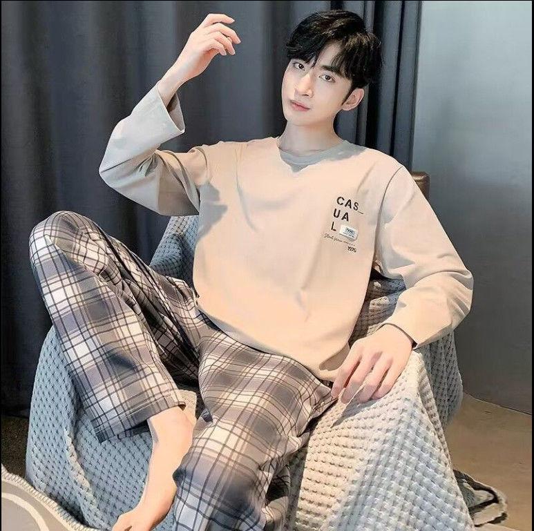 Product Introduction of Striped Men's Pajamas Men's Spring and Autumn Long Sleeve Trousers Home Wear Casual Simple Youth plus Size Two-Piece Suit 13