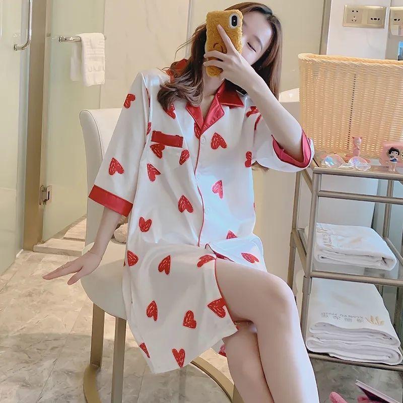 2025 New Ice Silk Nightdress for Women Summer Short Sleeve Cardigan Mid-Length Pajamas Thin Sexy Loose Loungewear 2