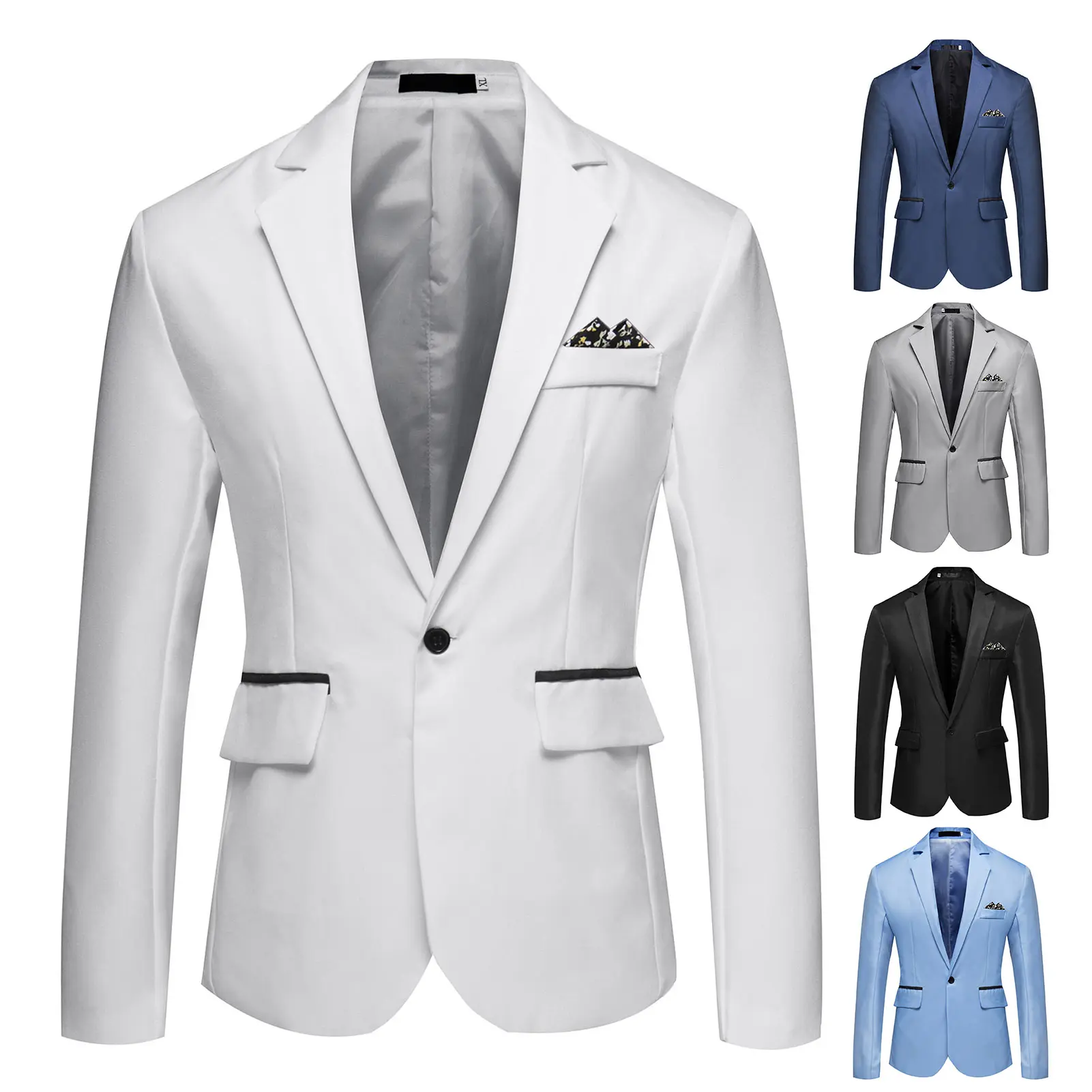 Psewrcg Formal Blazer Solid Color Turndown Collar One Button Four Seasons Slim Fit Pockets Suit Jacket for Wedding
