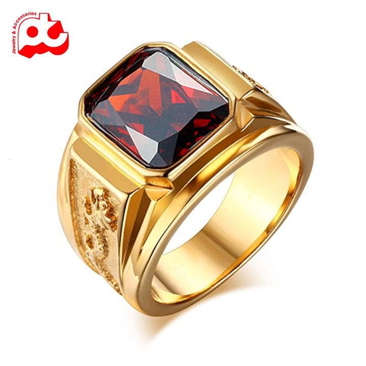 Nhẫn nam titan cao cấp thời trang kiểu chạm rồng 2 bên soyong đá đỏ nhẫn màu mạ vàng thép không gỉ PTNNA255